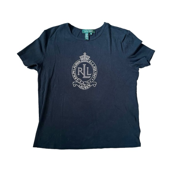 Lauren Ralph Lauren Womens Size Medium Black Bling Rhinestone Crest Logo - Picture 1 of 5
